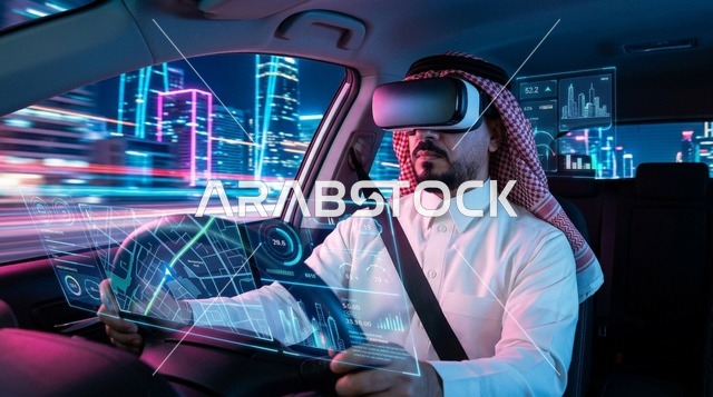 Arab Man Wearing VR Headset in Futuristic Autonomous Car