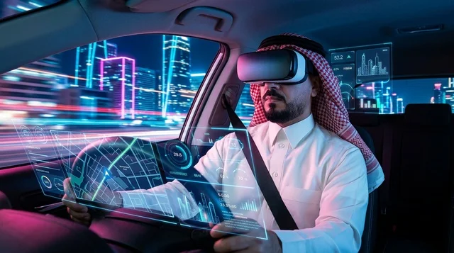 Arab Man Wearing VR Headset in Futuristic Autonomous Car