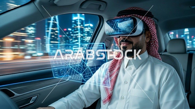 رجل سعودي يرتدي نظارة واقع افتراضي في سيارة ذكية