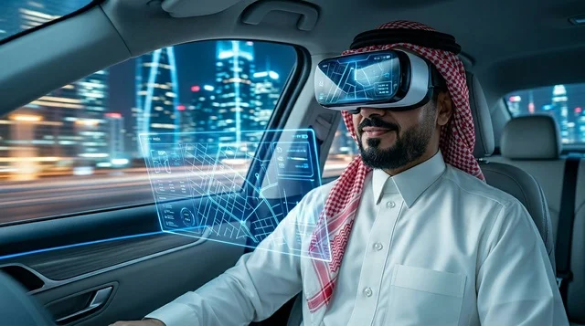 رجل سعودي يرتدي نظارة واقع افتراضي في سيارة ذكية