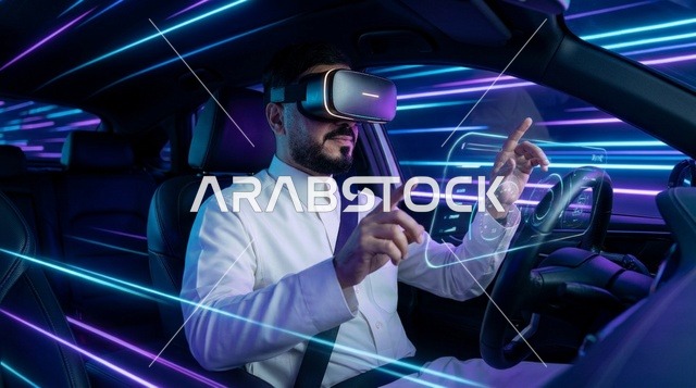 رجل عربي يستخدم نظارة واقع افتراضي داخل سيارة مستقبلية