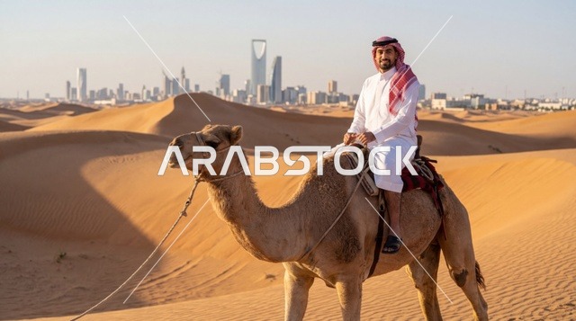 رجل سعودي يركب الجمل في الصحراء مع أفق مدينة الرياض
