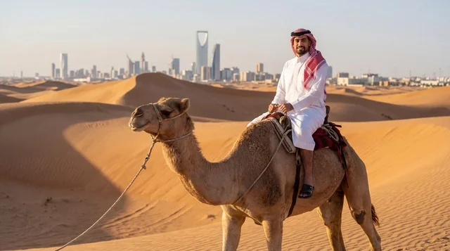 رجل سعودي يركب الجمل في الصحراء مع أفق مدينة الرياض