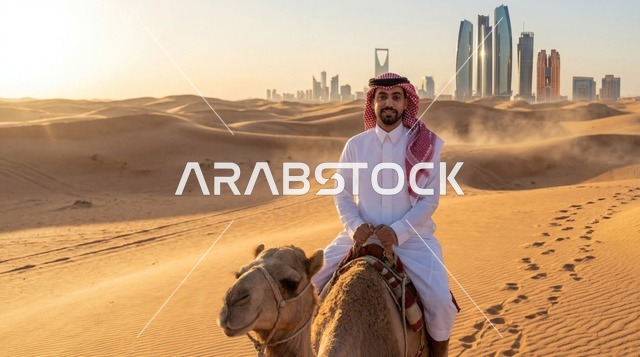 مواطن سعودي يركب الجمل في صحراء الرياض وقت الغروب