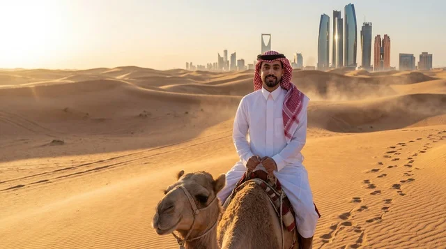 مواطن سعودي يركب الجمل في صحراء الرياض وقت الغروب