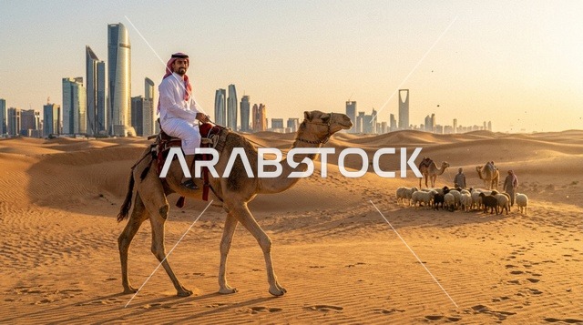 رجل سعودي يركب الجمل في صحراء الرياض مع أفق المدينة