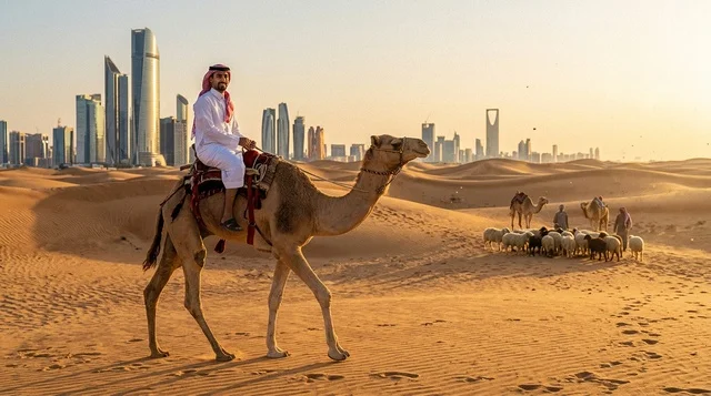 رجل سعودي يركب الجمل في صحراء الرياض مع أفق المدينة