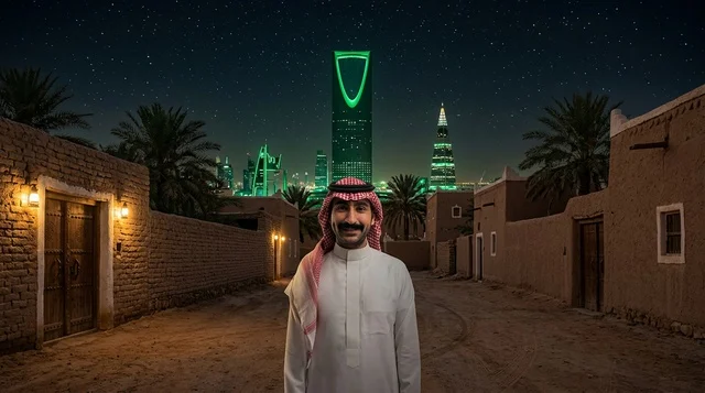 رجل سعودي في قرية تراثية مع أفق الرياض ليلاً