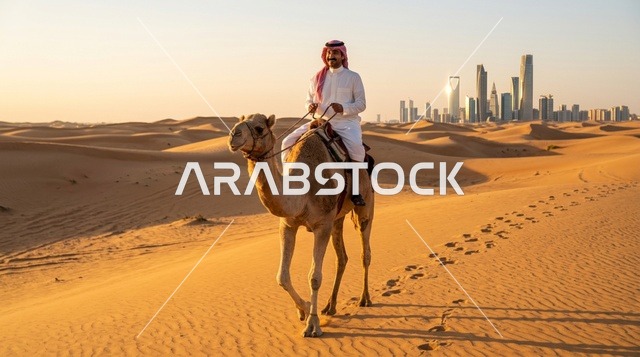 رجل سعودي يركب جملاً في صحراء الرياض مع أفق المدينة