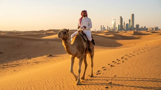 رجل سعودي يركب جملاً في صحراء الرياض مع أفق المدينة