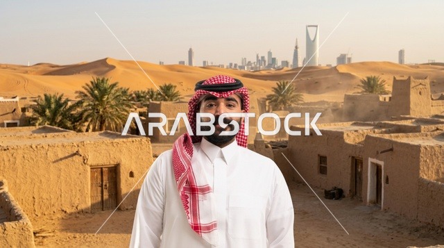 رجل سعودي في قرية تراثية بالرياض مع أفق المدينة الحديث