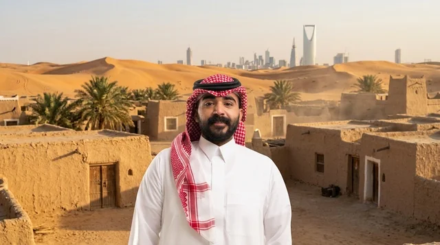 رجل سعودي في قرية تراثية بالرياض مع أفق المدينة الحديث