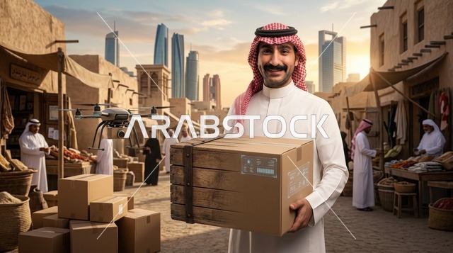 رجل سعودي يحمل صندوق توصيل في سوق تقليدي مع ناطحات سحاب