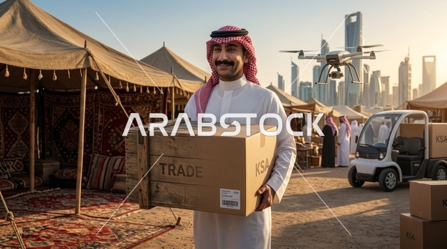 رجل سعودي يحمل صندوق شحن وتجارة مع أفق مدينة الرياض