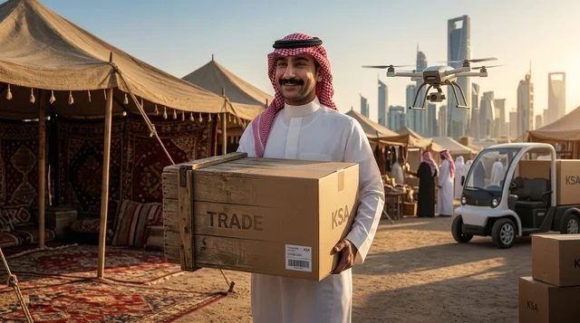 رجل سعودي يحمل صندوق شحن وتجارة مع أفق مدينة الرياض
