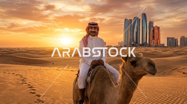 رجل عربي يرتدي الثوب التقليدي يركب جملاً في الصحراء