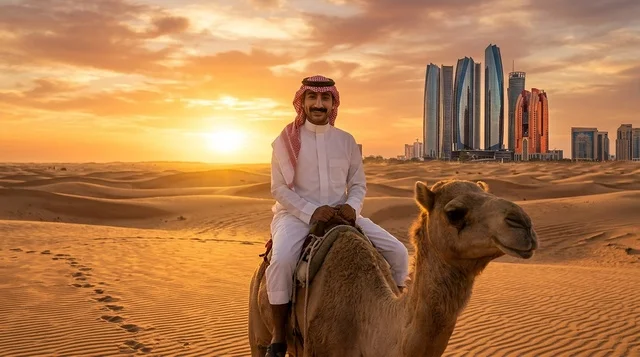 رجل عربي يرتدي الثوب التقليدي يركب جملاً في الصحراء