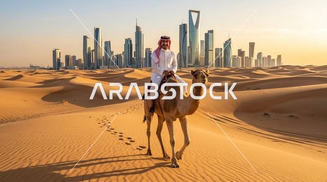 رجل سعودي يركب الجمل في الصحراء مع أفق مدينة الرياض