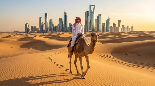 Saudi Man Riding Camel with Riyadh Skyline Background