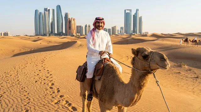 رجل إماراتي يركب جملاً أمام ناطحات سحاب مدينة أبوظبي