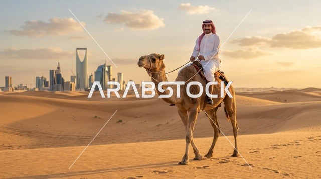 رجل سعودي يركب الجمل في صحراء الرياض مع أفق المدينة