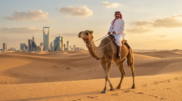 رجل سعودي يركب الجمل في صحراء الرياض مع أفق المدينة