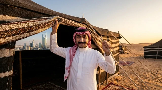 Saudi Man in Traditional Tent with Riyadh City Skyline