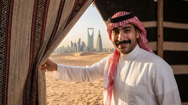 رجل سعودي بالزي التقليدي يطل على أفق مدينة الرياض