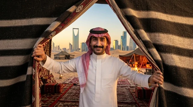 رجل سعودي في خيمة بدوية مع أفق الرياض وقت الغروب