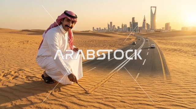 رجل سعودي يرسم طريقاً إلى أفق الرياض وقت الغروب