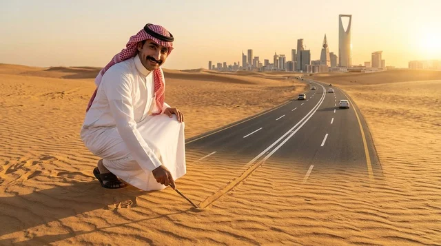 Saudi Man Drawing Road to Riyadh Skyline at Sunset