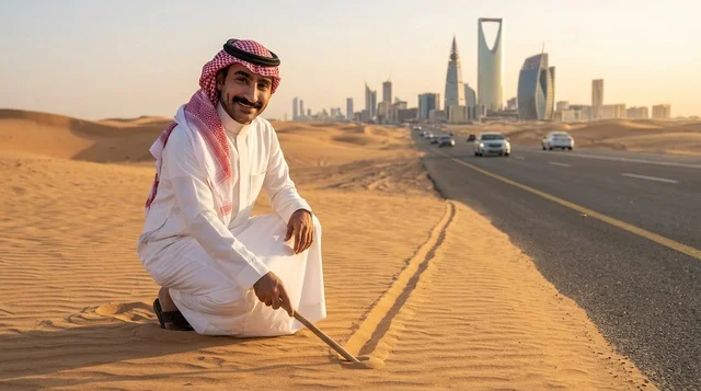 Saudi Man in Traditional Dress with Riyadh Skyline