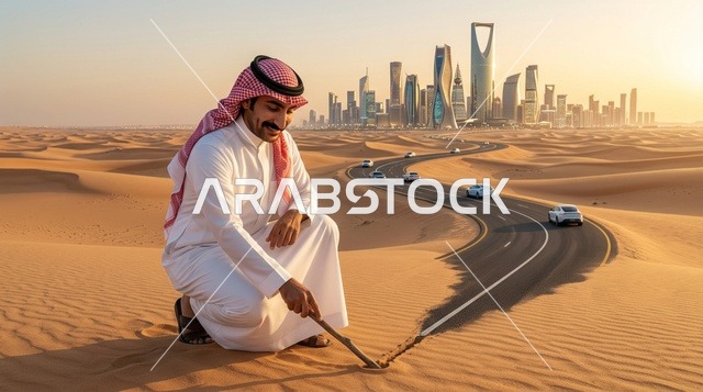 رجل سعودي يرسم طريقا نحو أفق مدينة الرياض عند الغروب