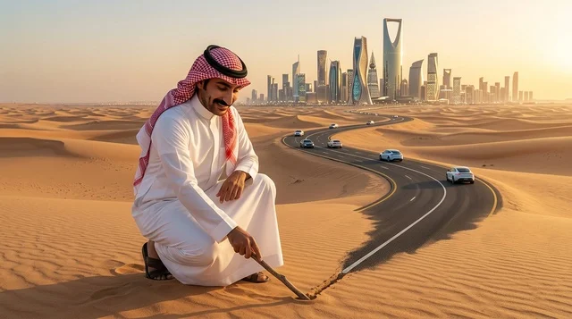 رجل سعودي يرسم طريقا نحو أفق مدينة الرياض عند الغروب