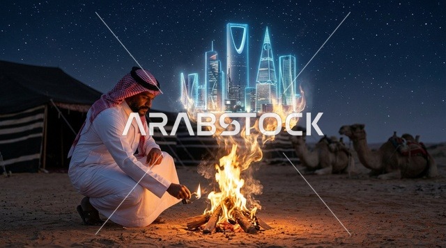 رجل سعودي في الصحراء مع هولوجرام أفق مدينة الرياض