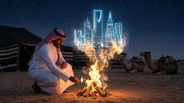 رجل سعودي في الصحراء مع هولوجرام أفق مدينة الرياض