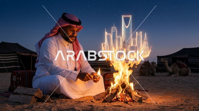رجل سعودي مع هولوجرام أفق الرياض في الصحراء ليلا