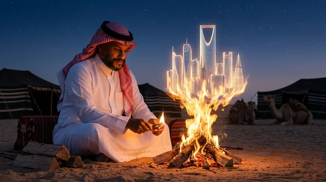 رجل سعودي مع هولوجرام أفق الرياض في الصحراء ليلا