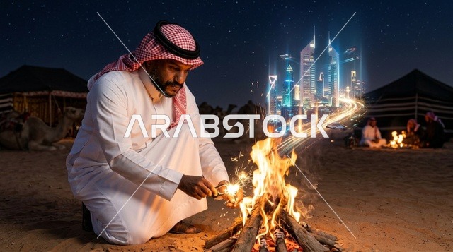 رجل عربي عند موقد النار في الصحراء مع أفق المدينة