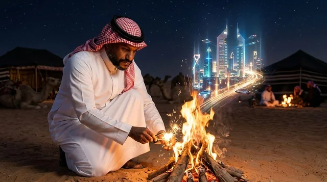 رجل عربي عند موقد النار في الصحراء مع أفق المدينة