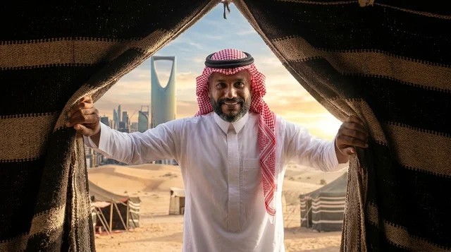 رجل سعودي في خيمة بدوية مع أفق الرياض وقت الغروب