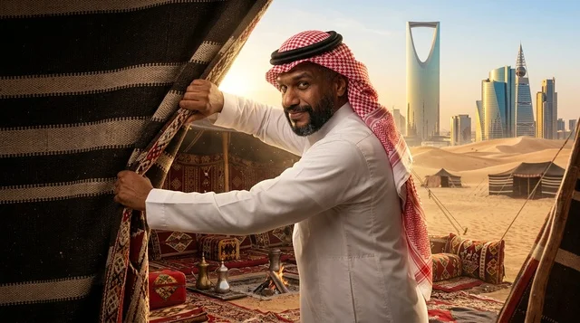 رجل سعودي بالزي التقليدي في الصحراء مع أفق مدينة الرياض