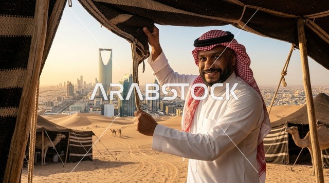 رجل سعودي بالزي التقليدي يطل على أفق مدينة الرياض