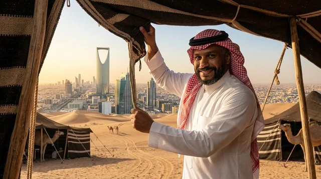 رجل سعودي بالزي التقليدي يطل على أفق مدينة الرياض