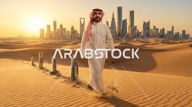 رجل سعودي في الصحراء مع أفق مدينة الرياض وقت الغروب