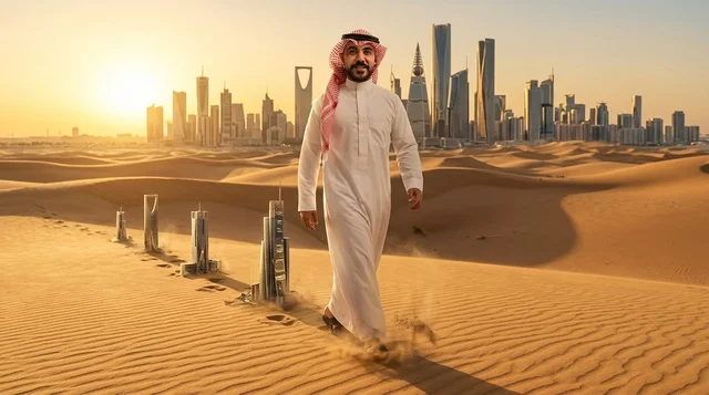 Saudi Man in Desert with Riyadh Skyline at Sunset