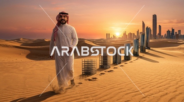 رجل عربي في الصحراء مع الأبراج الحديثة عند الغروب