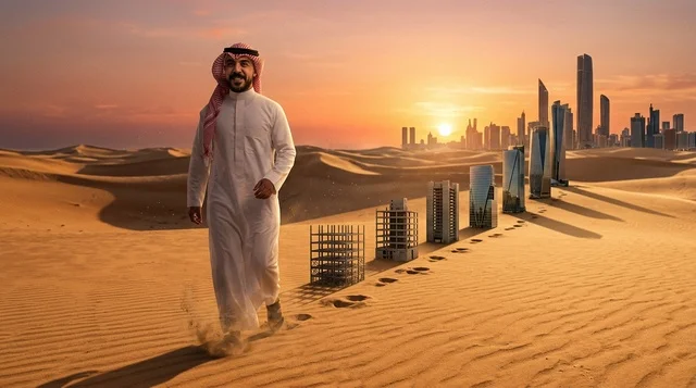 رجل عربي في الصحراء مع الأبراج الحديثة عند الغروب