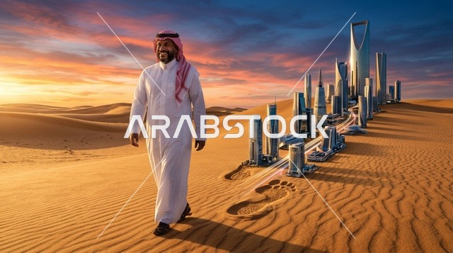 رجل سعودي يسير في الصحراء مع ناطحات سحاب الرياض بالغروب
