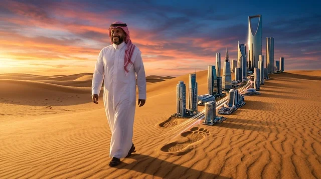 رجل سعودي يسير في الصحراء مع ناطحات سحاب الرياض بالغروب